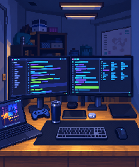 Pixel art view of Karl's studio desk, with dual monitors, laptop, controller, and blue nighttime lighting.